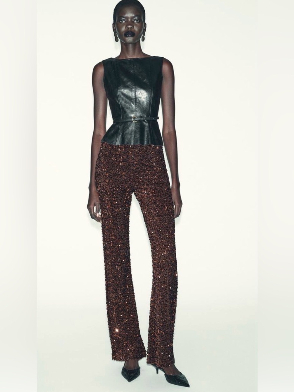 ZARA Flare Velvet  Sequin Leggings 
in Dark Brown size medium